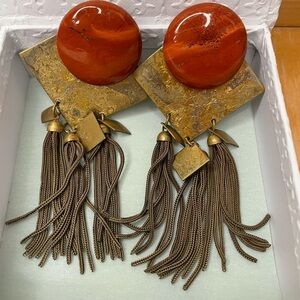 Boho Clip-On Metal Stone Earrings Gold w/ Orange